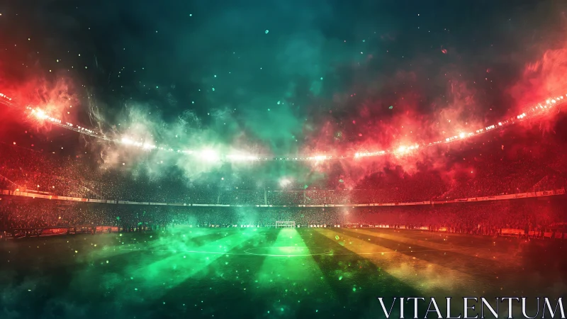 Floodlit football stadium with red and green atmospheric smoke.