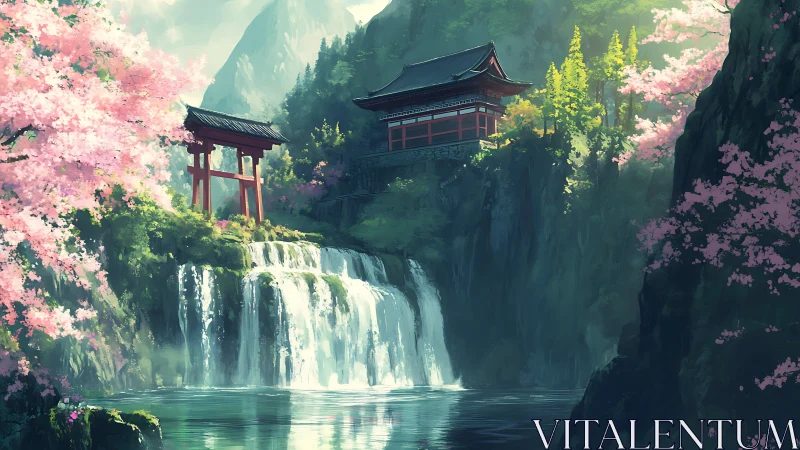 Serene Japanese temple above cascading spring waterfall.