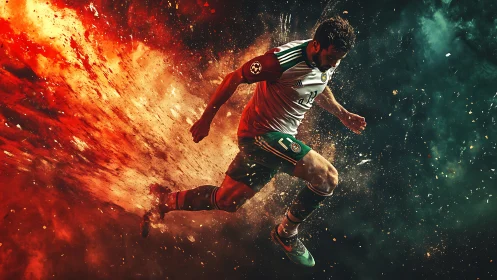 Soccer forward sprints through explosive fiery dust field.