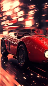 Red vintage race car slices through neon-lit night city streets