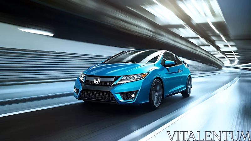 Blue compact Honda car in motion through lit tunnel corridor.