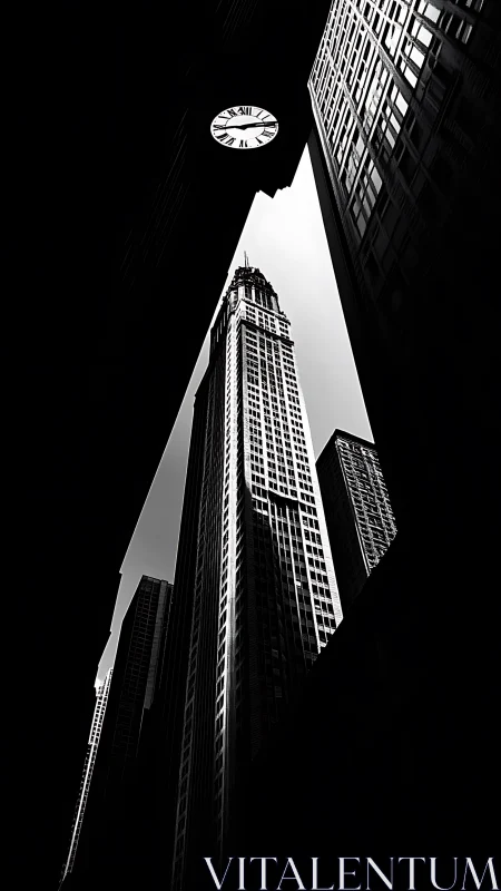 High contrast city towers framed by dark architectural void.
