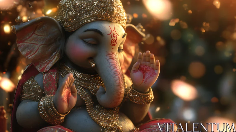 Ornate 3D Ganesh idol rendered with cinematic depth of field
