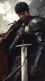 Armored swordsman standing with greatsword in stormy light.