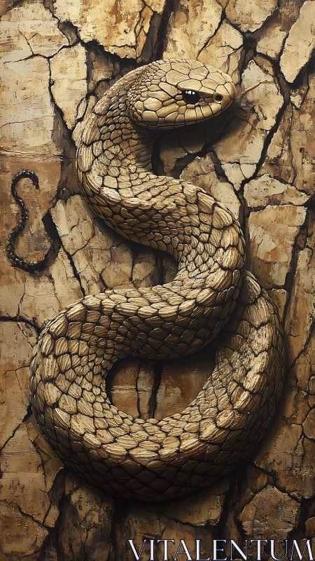 Coiled desert snake merges with cracked stone wall texture.