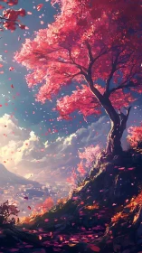 Crimson blossom tree above a luminous valley at dusk.