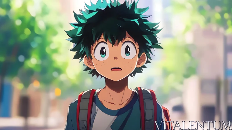 Anime boy with green hair stands outdoors wearing backpack