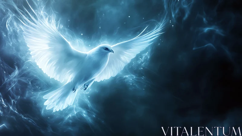 Luminous white dove in turbulent blue ethereal plasma field.