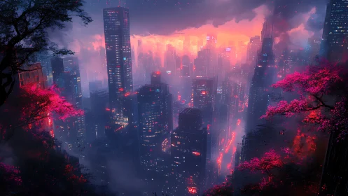 Neon drenched megacity skyline intersecting mist and pink foliage