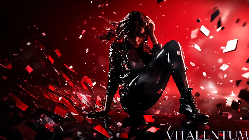 Rebellious woman in red digital shards, dramatic lighting.