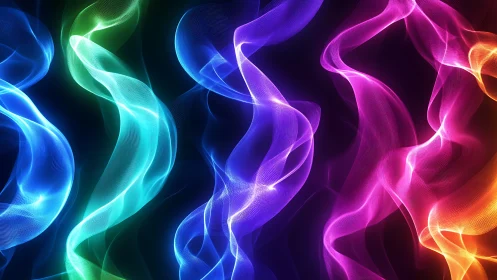 Multicolored luminous waveforms on dark abstract background.