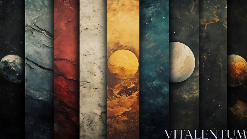 Abstract planetary panels drift through textured cosmic dusk