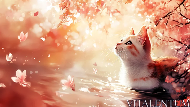 White and orange cat in spring blossoms setting.