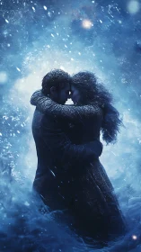 Silhouetted figures embracing in luminescent snow storm.