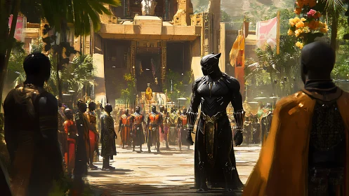 Panther-clad guardian strides through sunlit royal avenue