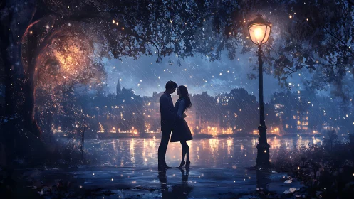 Urban Romance: Rainy Night Embrace Under Golden Lamplight.