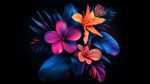 Neon Floral Composition Against Black Background.
