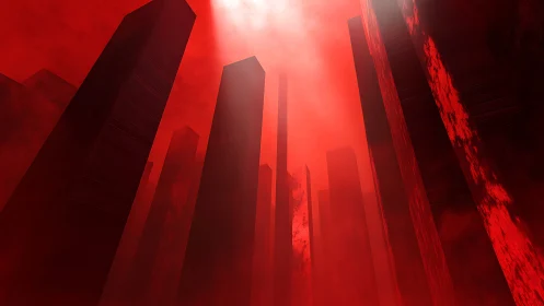 Red monolithic skyscrapers rise under harsh central light