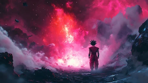 Lone warrior confronts a cosmic crimson storm of raw power.