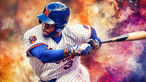 Bold baseball swing exploding through vivid color clouds.