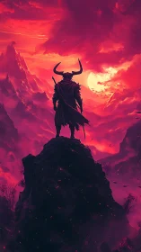 Horned warrior over crimson inferno sky, high contrast.