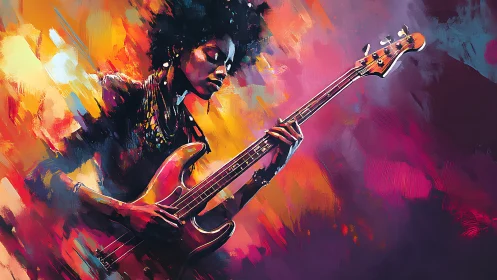 Guitarist holds electric bass amid abstract color fields