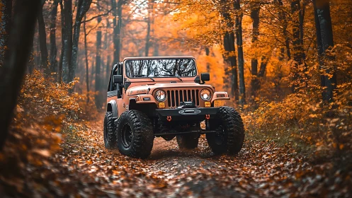 Orange off-road vehicle is positioned on forest trail