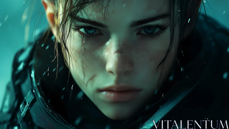 Close portrait of wet armored character in cold light.