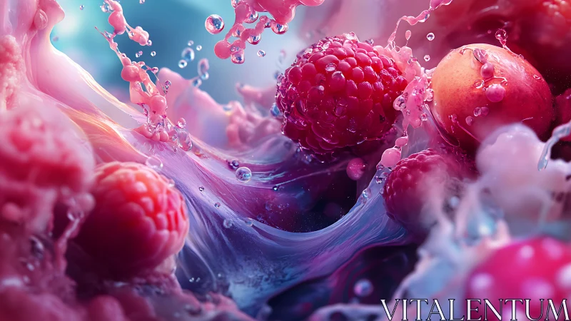 Macro rendering of raspberries in turbulent pink fluid simulation