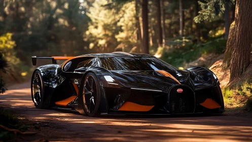 Black hypercar concept with orange accents on forest road.