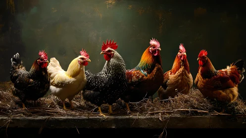 Seven rooster specimens displayed with precise plumage coloration and morphological variation