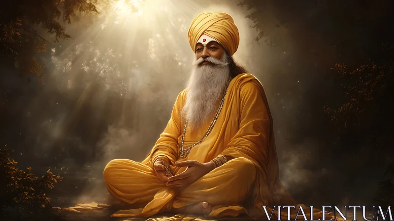 Sunlit sage in saffron robes bathing in forest tranquility.