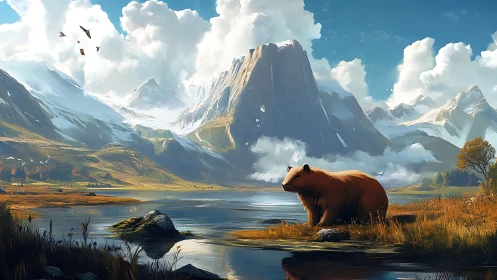 Brown bear at alpine lake within stratified mountain system.