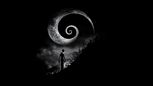 Silhouetted figure under large spiral moon at night.