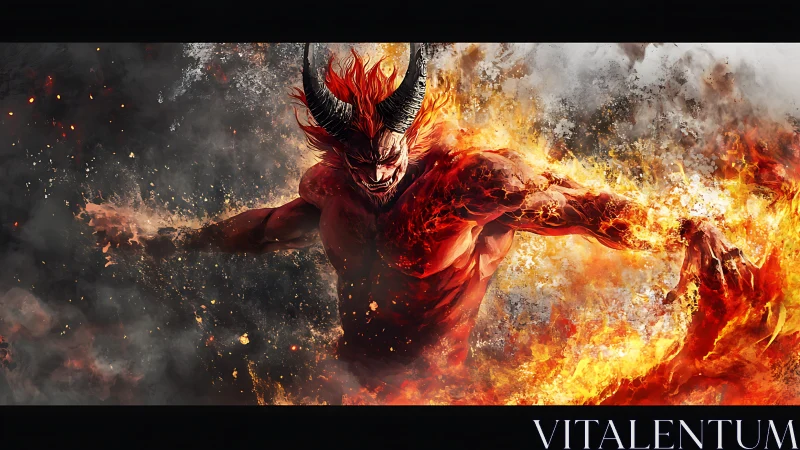 Infernal horned demon emerging from turbulent volumetric flames