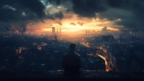 Quiet soul pauses above a glowing city at stormy sunset