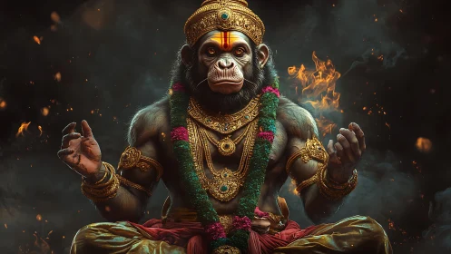 Regal monkey deity in ornate gold armor and garlands.