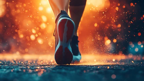 Backlit runner’s shoe sole on wet asphalt with glowing bokeh