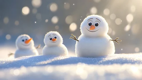 Triadic cartoon snowmen under shallow-depth bokeh sunrise.