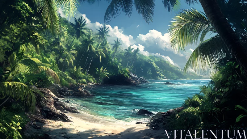 Tropical Cove Landscape with Turquoise Waters and Palm Grove.
