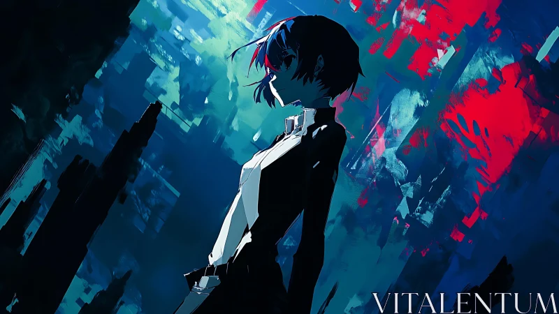 Solitary anime figure against bold abstract city lights.