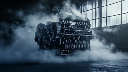 Steam-kissed engine prowls a shadowy workshop like thunder