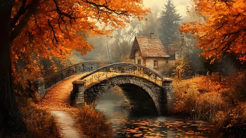 Stone bridge and cottage in dense autumn woodland setting.