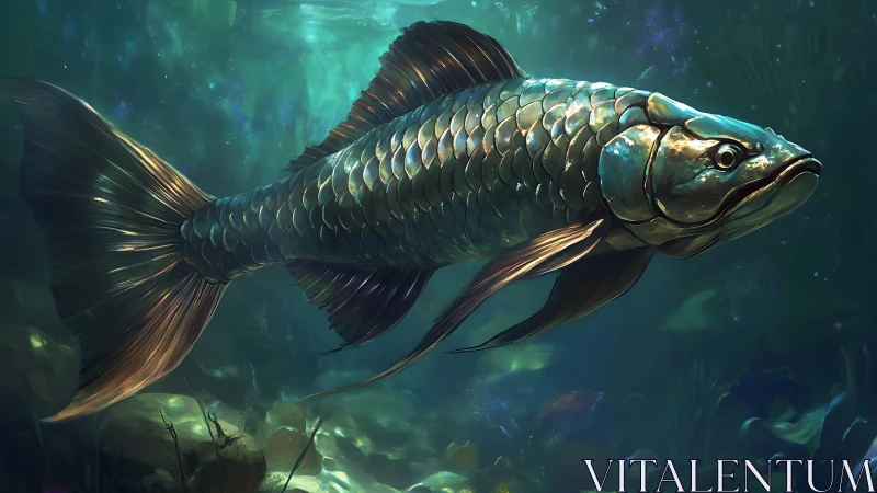 Iridescent freshwater fish rendered in luminous teal depths.