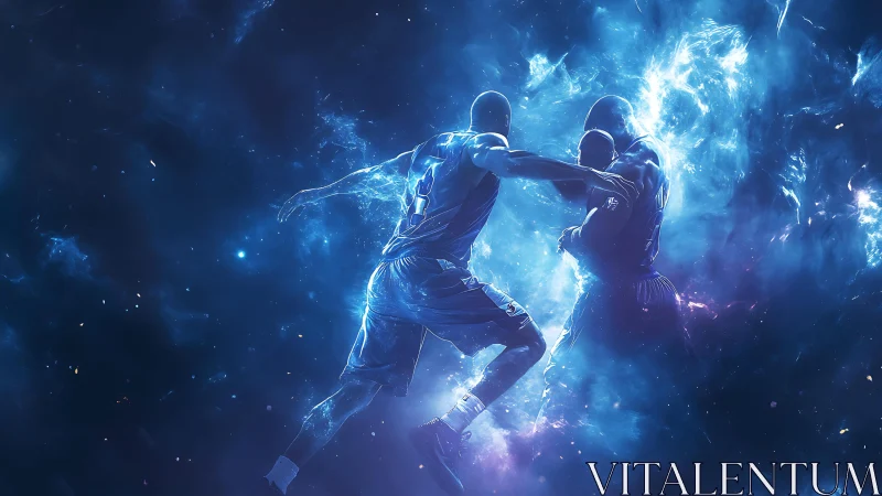 Cosmic basketball showdown glowing with electric blue energy.