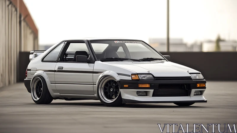 White modified coupe parked on rooftop in side-front view.