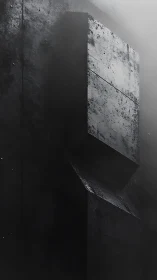 Monolithic concrete block emerges from shadow and mist.