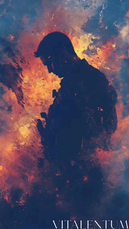Lone soldier silhouette dissolves into blazing abstract fire.