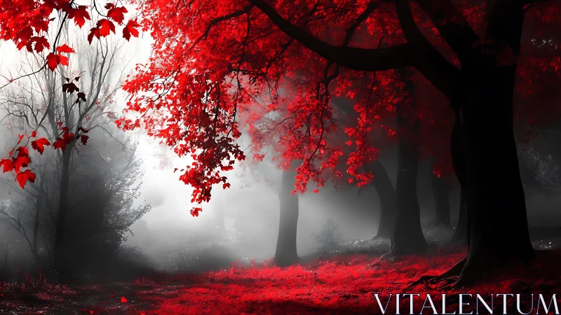 Scarlet canopy over misty monochrome woodland pathscape.