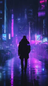 Neon soaked city street welcomes a lone night wanderer